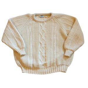 Vtg Blarney Woollen Mills Aran Sweater Mens 46 (XL) Cream Fisherman Cable Knit